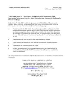 Tonga: 2009 Article IV Consultation—Staff Report; Staff Supplement; Public Information Notice on the Executive Board Discussion; and Statement by the Executive Director for Tonga; IMF Country Report[removed]; August, 14,