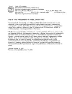 State of Tennessee  Department of Commerce and Insurance  Board of Architectural and Engineering Examiners  500 James Robertson Parkway  Nashville, TN  37243­1142  800­256­5758 