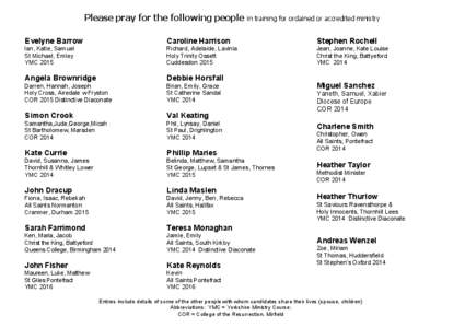 Please pray for the following people  in training for ordained or accredited ministry Evelyne Barrow