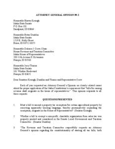 ATTORNEY GENERAL OPINION 99-2 Honorable Shawn Keough Idaho State Senate P.O. Box 101 Sandpoint, ID[removed]Honorable Betsy Dunklin