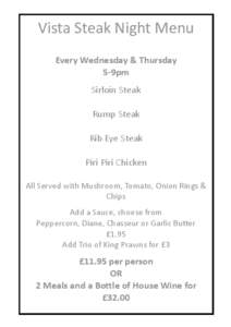 Vista Steak Night Menu Every Wednesday & Thursday 5-9pm Sirloin Steak Rump Steak