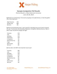 Georgia Immigration Poll Results Partnership for a New American Economy June 26-30, 2014 Q: Would you say that things in the country are going in the right direction, or have they gotten off on the wrong track? Right Dir