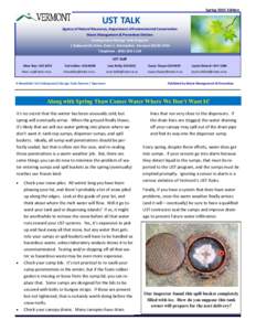 Spring 2015 Edition  UST TALK Agency of Natural Resources, Department of Environmental Conservation Waste Management & Prevention Division Underground Storage Tank Program