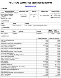 POLITICAL COMMITTEE DISCLOSURE REPORT Export data to .CSV COVER Committee Name NORTH CAROLINA CLEAN ENERGY BUSINESS ALLIANCE PAC