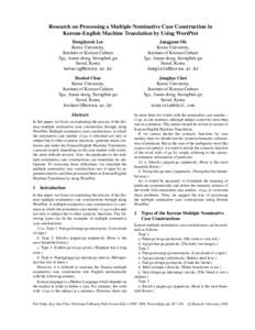 Research on Processing a Multiple Nominative Case Construction in Korean-English Machine Translation by Using WordNet Donghyeok Lee Korea University, Institute of Korean Culture 5ga, Anam-dong, Seongbuk-gu