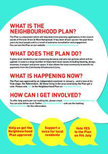 WHAT IS THE NEIGHBOURHOOD PLAN? The Plan is a document which will help determine planning applications in the council wards of Fortune Green & West Hampstead. It has been drawn up over the past three years by local peopl