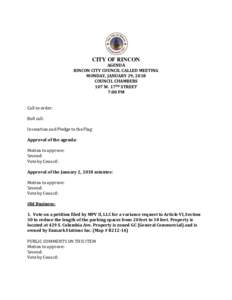 CITY OF RINCON AGENDA RINCON CITY COUNCIL CALLED MEETING MONDAY, JANUARY 29, 2018 COUNCIL CHAMBERS 107 W. 17TH STREET