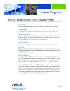 Incentive Programs Business Employment Incentive Program (BEIP) If You Are: An economically viable expanding or relocating business that creates jobs in New Jersey.  You Can Elect: