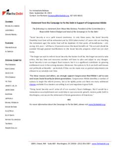 For Immediate Release Date: September 20, 2013 Contact: Jon Romano ([removed], [removed]CHAIRMEN  Statement from the Campaign to Fix the Debt in Support of Congressman Ribble