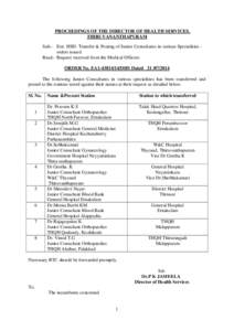 PROCEEDINGS OF THE DIRECTOR OF HEALTH SERVICES, THIRUVANANTHAPURAM Sub:- Estt. HSD- Transfer & Posting of Junior Consultants in various Specialities orders issued Read:- Request received from the Medical Officers ORDER N