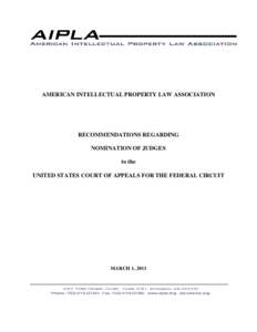 AMERICAN INTELLECTUAL PROPERTY LAW ASSOCIATION  RECOMMENDATIONS REGARDING NOMINATION OF JUDGES to the UNITED STATES COURT OF APPEALS FOR THE FEDERAL CIRCUIT