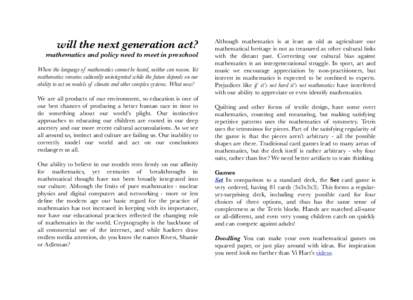 will the next generation act?  mathematics and policy need to meet in preschool Where the language of mathematics cannot be heard, neither can reason. Yet mathematics remains culturally unintegrated while the future depe