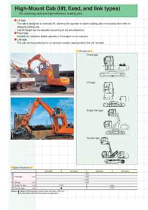 High-Mount Cab (lift, fixed, and link types) For achieving safe and high-efficiency loading jobs ● Lift type The cab is designed to vertically lift, allowing the operator to watch loading jobs more easily than with an 