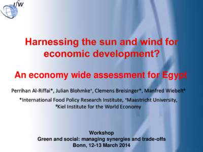 An economy wide assessment for Egypt Perrihan Al-Riffai*, Julian Blohmke+, Clemens Breisinger*, Manfred Wiebelt# *International Food Policy Research Institute, +Maastricht University, #Kiel Institute for the World Econom