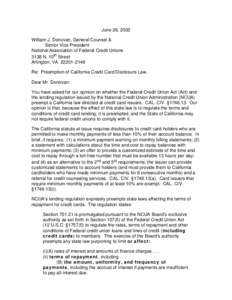 Legal Opinion Letter[removed]Preemption of California Credit Card Disclosure Law