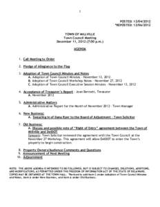 1 POSTED: [removed] *REPOSTED: [removed]TOWN OF MILLVILLE Town Council Meeting December 11, [removed]:00 p.m.)