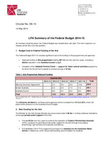 Circular No. 09–14 14 May 2014 LPA Summary of the Federal Budget[removed]As members would be aware, the Federal Budget was handed down last night. The main impact for our Industry will be felt in the Arts portfolio.