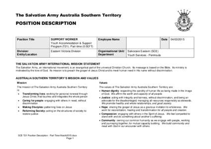 The Salvation Army Australia Southern Territory  POSITION DESCRIPTION Position Title