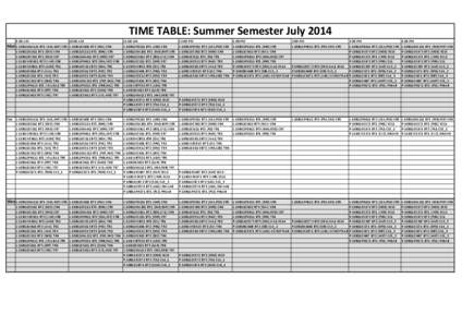 TIME TABLE: Summer Semester July[removed]:00 AM 10:00 AM  Mon L-10B11MA111 BT1 (KAS,NKT) CR5