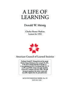 A Life of Learning by Donald W. Meinig