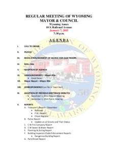 REGULAR MEETING OF WYOMING MAYOR & COUNCIL Wyoming Annex 10 S. Railroad Avenue January 7, 2015 7:30 p.m.