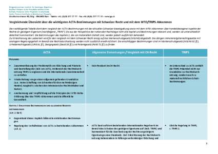 Vergleichende Übersicht über die wichtigsten ACTA-Bestimmungen mit Schweizer Recht und mit dem WTO/TRIPS-Abkommen Die nachfolgende Tabelle dient dem Vergleich der ACTA-Bestimmungen mit der aktuellen Schweizer Gesetzgeb