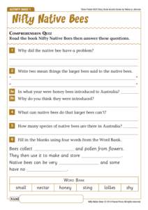 Activity Sheet 1  Steve Parish KIDS Story Book Insects Series by Rebecca Johnson Nifty Native Bees Comprehension Quiz