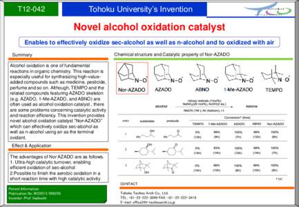 T12-042  Tohoku University’s Invention Novel alcohol oxidation catalyst Enables to effectively oxidize sec-alcohol as well as n-alcohol and to oxidized with air