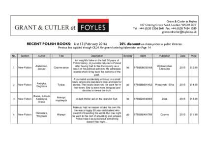 Grant & Cutler at Foyles 107 Charing Cross Road, London WC2H 0DT Tel : +2641 Fax: +RECENT POLISH BOOKS: List 13 (February 2016)