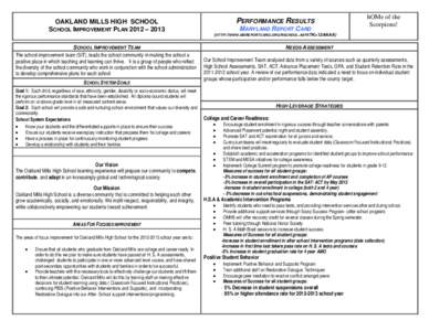 PERFORMANCE RESULTS  OAKLAND MILLS HIGH SCHOOL SCHOOL IMPROVEMENT PLAN 2012 – 2013  MARYLAND REPORT CARD