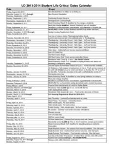 UD[removed]Student Life Critical Dates Calendar Date Friday, August 30, 2013 Saturday, August 31, 2013 through Tuesday, September 3, 2013 Sunday, September 1, 2013