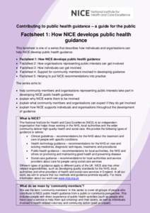 Contributing to public health guidance – a guide for the public  Factsheet 1: How NICE develops public health guidance This factsheet is one of a series that describes how individuals and organisations can help NICE de