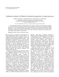 Indian Journal of Chemical Technology Vol. 15, January 2008, pp[removed]Combustion synthesis of LiMn2O4 by thermal decomposition of oxalate precursors Arunkumar Lagashettya*, Vijayanand Havanoorb, S Basavarajab & A Venkat