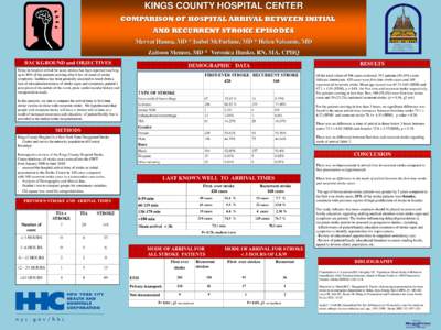 KINGS COUNTY HOSPITAL CENTER COMPARISON OF HOSPITAL ARRIVAL BETWEEN INITIAL AND RECURRENT STROKE EPISODES Mervat Hanna, MD * Isabel McFarlane, MD * Helen Valsamis, MD Zaitoon Memon, MD * Veronica Hunko, RN, MA, CPHQ BACK