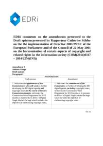 EDRi comments on the amendments presented to the Draft opinion presented by Rapporteur Catherine Stihler on the the implementation of DirectiveEC of the European Parliament and of the Council of 22 May 2001 on t