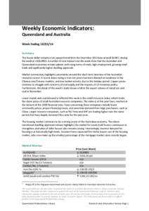 Weekly Economic Indicators: Queensland and Australia Week Ending[removed]Summary The Aussie dollar remains in an upward trend from the December 2013 lows around $0.887, closing the week at US$[removed]A number of new rel