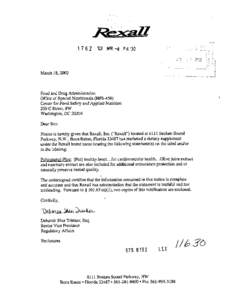 March 18,2003  Food andDrug Administration Office of SpecialNutritionals(HFS-450) Centerfor Food Safetyand Applied Nutrition 200 C Street,SW