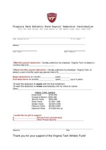 Virginia Tech Athletic Fund Payroll Deduction Contribution Fill out and return the form below to the Hokie Club, Mail Code 0387 ____________________________________________________________________ Name (please print)