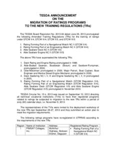 TESDA ANNOUNCEMENT ON THE MIGRATION OF RATINGS PROGRAMS TO THE NEW TRAINING REGULATIONS (TRs) The TESDA Board Resolution No[removed]dated June 26, 2013 promulgated the following Amended Training Regulations (TRs) for th