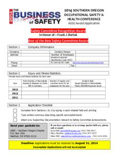 2014 SOUTHERN OREGON OCCUPATIONAL SAFETY & HEALTH CONFERENCE ASSE Award Application  Safety Committee Recognition Award