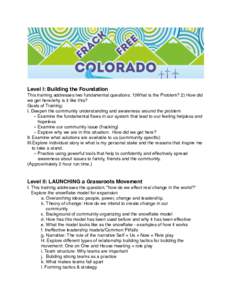 Level I: Building the Foundation This training addresses two fundamental questions: 1)What is the Problem? 2) How did we get here/why is it like this? Goals of Training: I. Deepen the community understanding and awarenes
