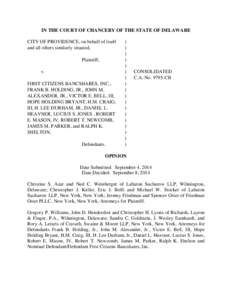 IN THE COURT OF CHANCERY OF THE STATE OF DELAWARE CITY OF PROVIDENCE, on behalf of itself and all others similarly situated, Plaintiff, v. FIRST CITIZENS BANCSHARES, INC.,