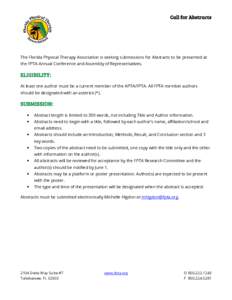 Call for Abstracts  The Florida Physical Therapy Association is seeking submissions for Abstracts to be presented at