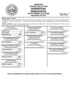 ABSENTEE OFFICIAL BALLOT FOR BARNSTEAD DEMOCRATIC STATE PRIMARY ELECTION