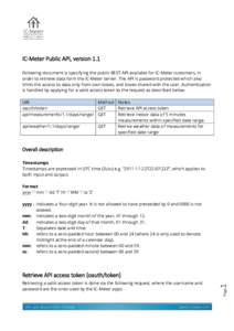 IC-Meter Public API, version 1.1 Following document is specifying the public REST API available for IC-Meter customers, in order to retrieve data form the IC-Meter server. The API is password protected which also limits 