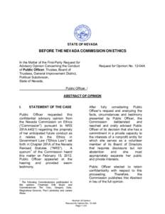 STATE OF NEVADA  BEFORE THE NEVADA COMMISSION ON ETHICS In the Matter of the First-Party Request for Advisory Opinion Concerning the Conduct of Public Officer, Trustee, Board of