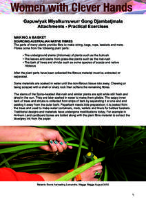 Gapuwiyak Miyalkurruwurr Gong Djambatjmala Attachments - Practical Exercises MAKING A BASKET SOURCING AUSTRALIAN NATIVE FIBRES The parts of many plants provide fibre to make string, bags, rope, baskets and mats.