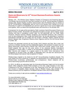 MEDIA RELEASE  April 9, 2013 Hosts and Musicians for 23rd Annual Business Excellence Awards Announced