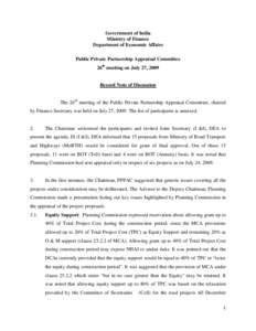 Government of India Ministry of Finance Department of Economic Affairs Public Private Partnership Appraisal Committee 26th meeting on July 27, 2009