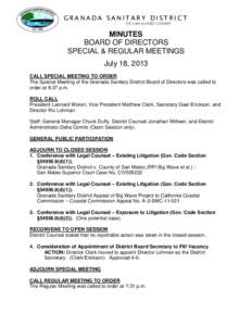 GRANADA SANITARY DISTRICT O F S AN M AT E O C OU N T Y MINUTES BOARD OF DIRECTORS SPECIAL & REGULAR MEETINGS